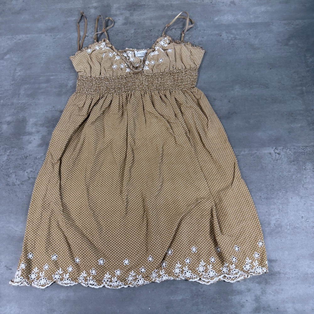 Vintage Toska Sun Dress Womens XS/S Babydoll Brown Polka Dot Eyelet Smocked EUC